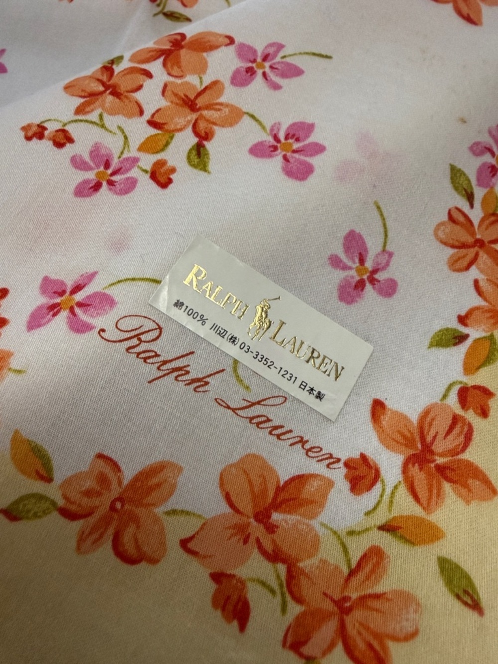 Ralph Lauren Floral cotton Scarf in White, Pink, Orange & Yellow Border - Picture 5 of 5
